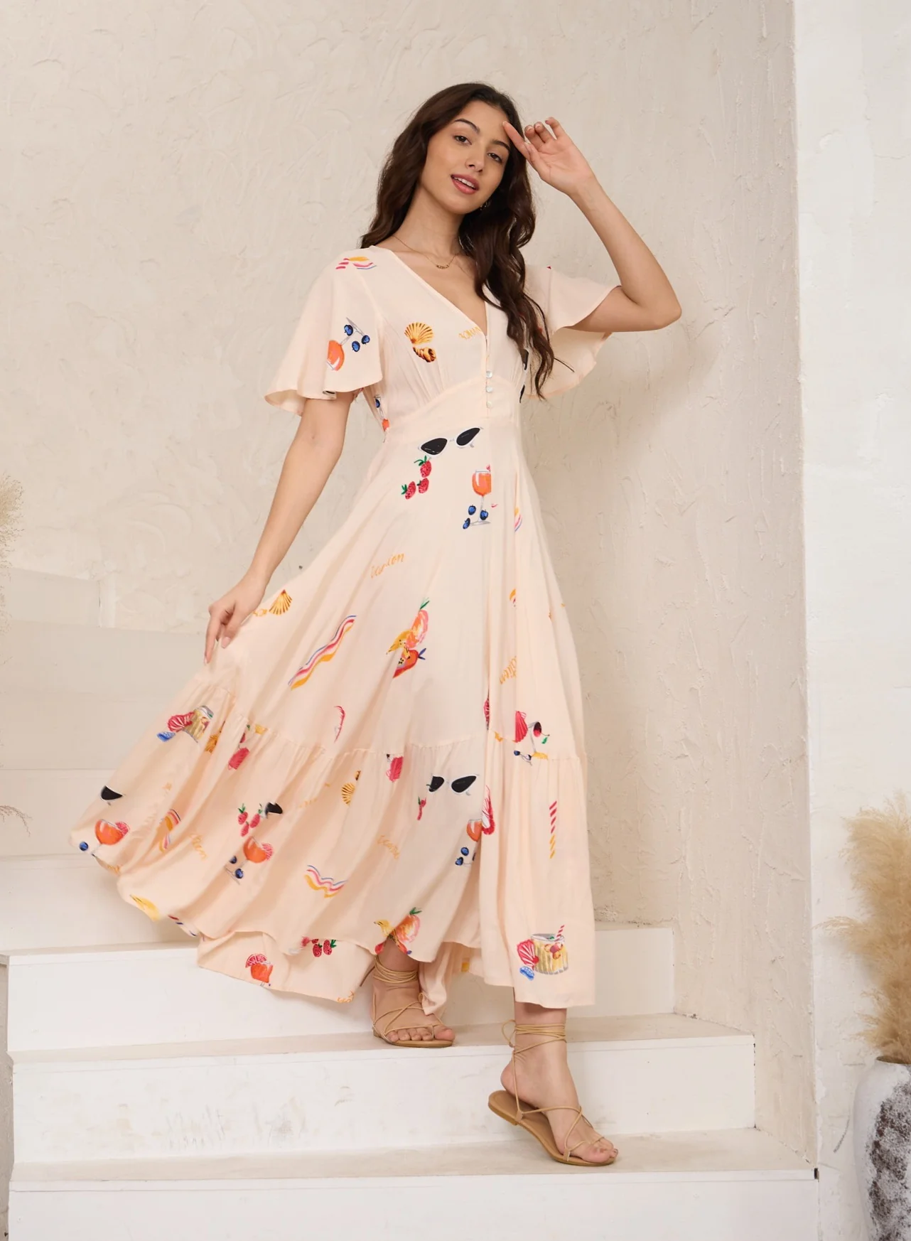Iris Maxi Stacey Maxi Dress with V Neck Flutter Sleeve Empire Waist - Summer Vacay - Image 2
