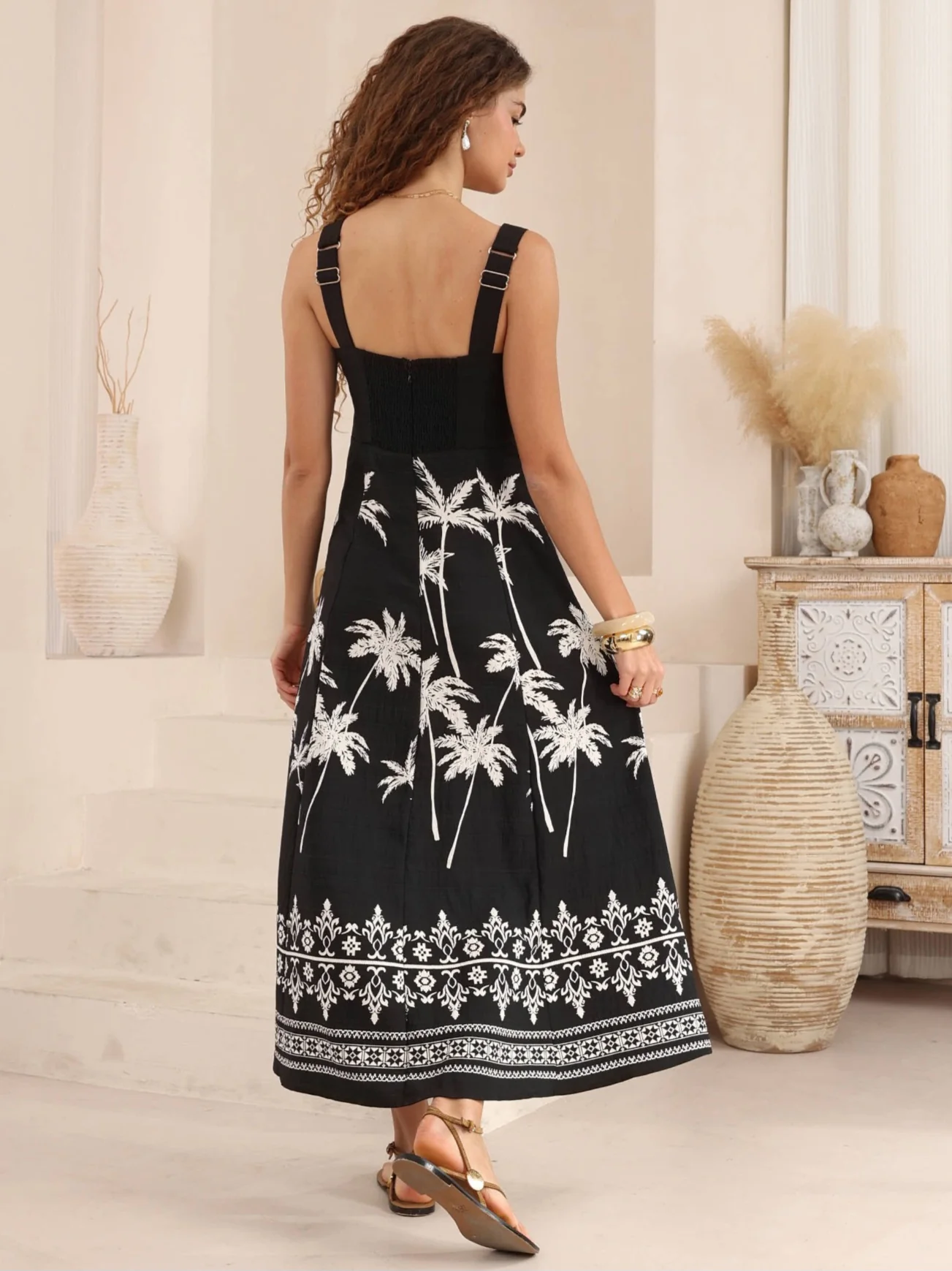 Iris Maxi Bindi Maxi Dress with V Neck Tie Pockets Spaghetti Strap - Midnight Palm - Image 8