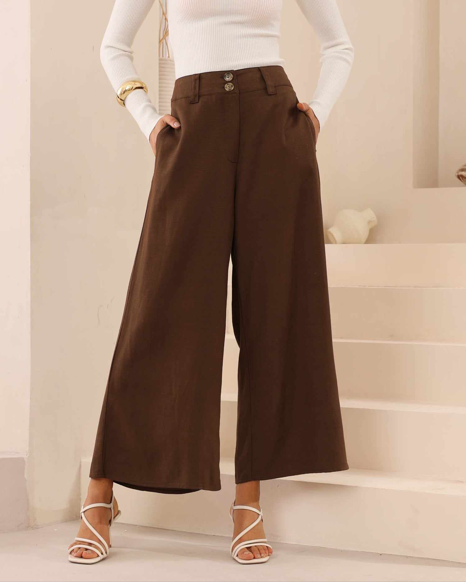 Iris Maxi Joplin Silk Linen Pants Button Zip Front - Chocolate - Image 6