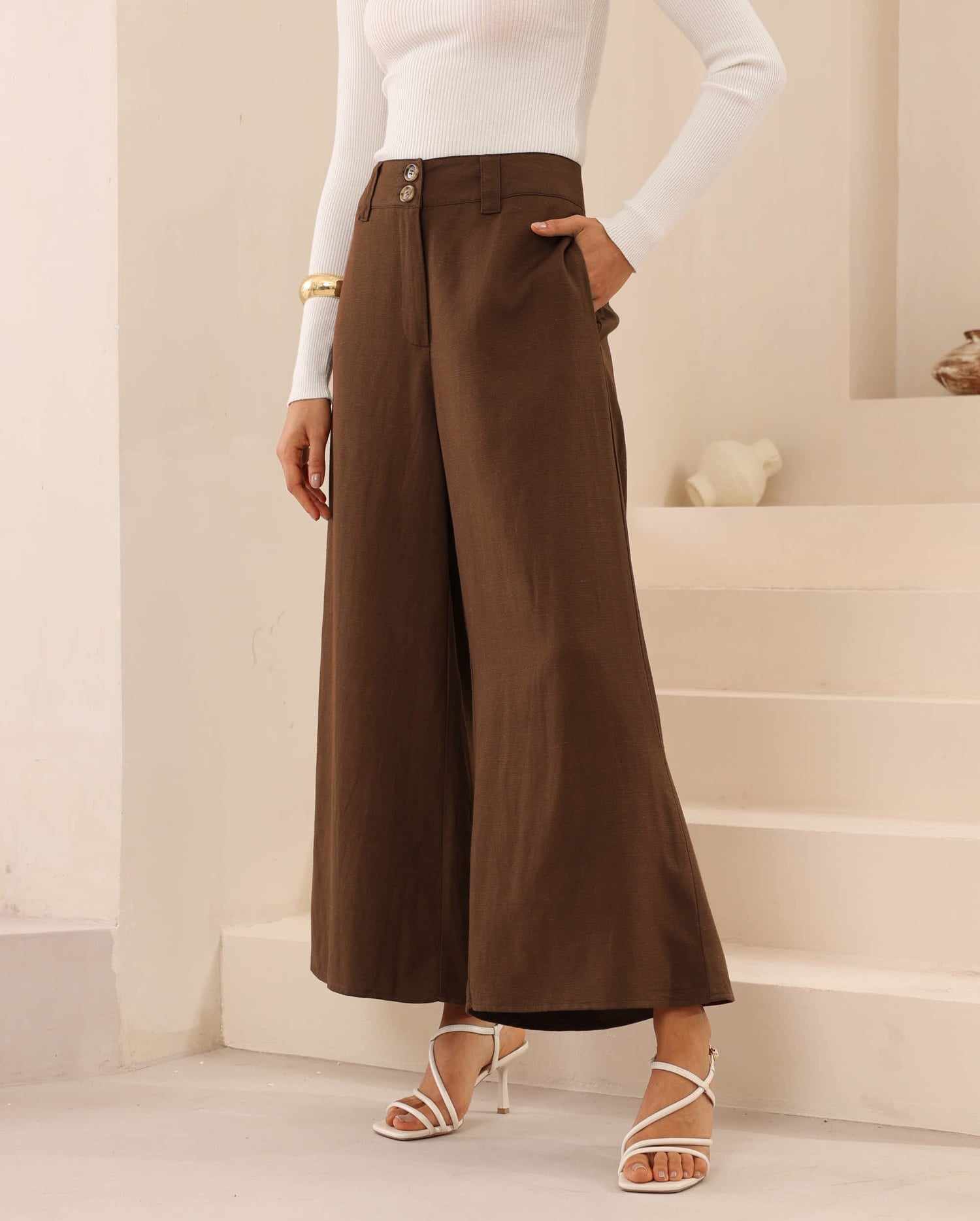 Iris Maxi Joplin Silk Linen Pants Button Zip Front - Chocolate - Image 8