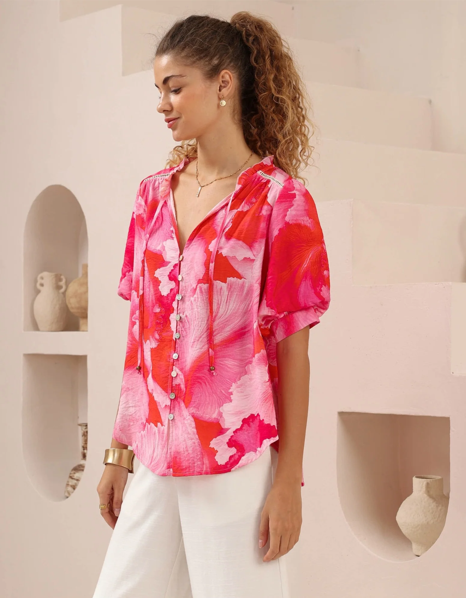 Iris Maxi Kelsie Bohemian Blouse with V-Neck Tie Buttoned - Jovie - Image 4