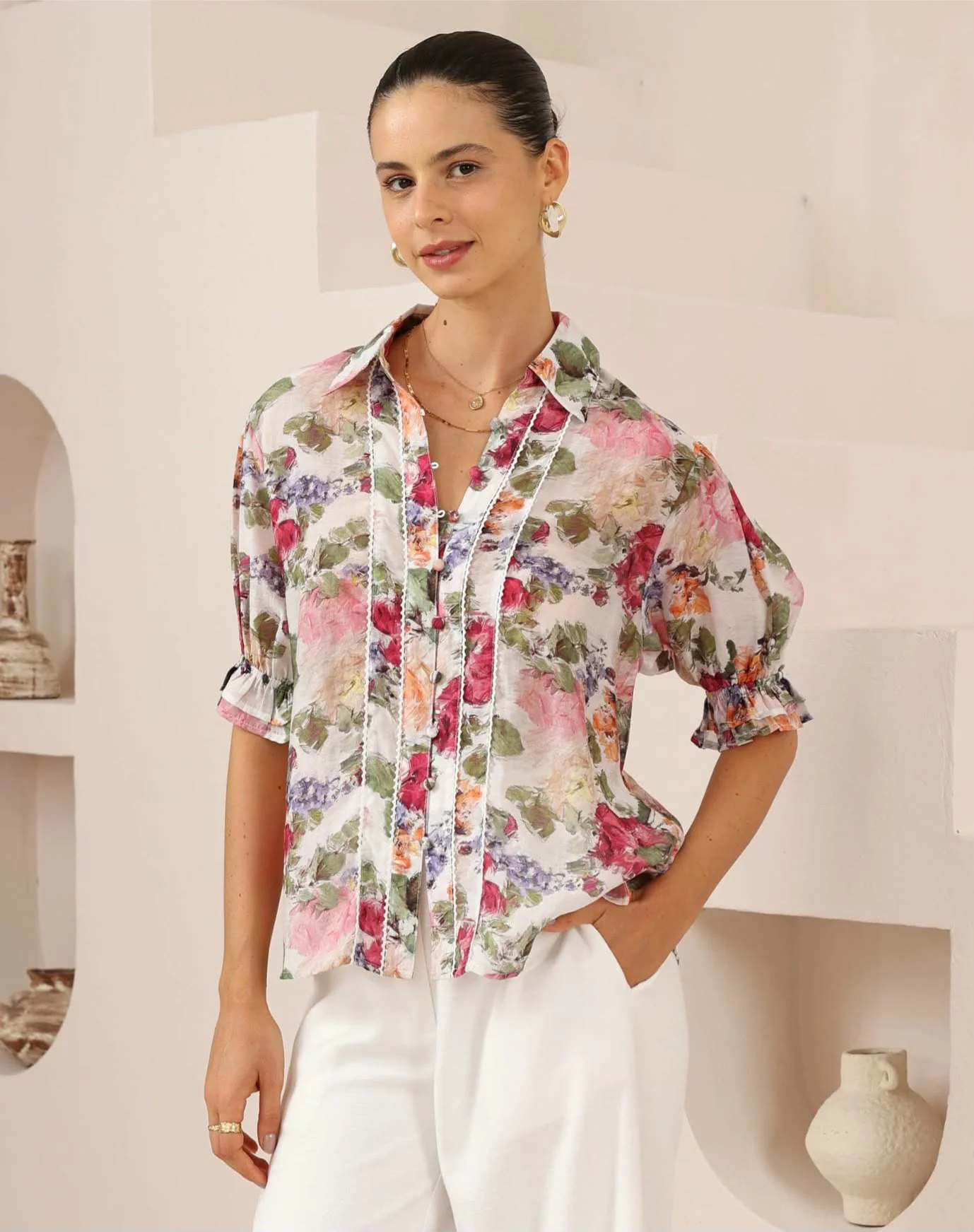 Iris Maxi Maya Blouse Top with Collar Half Sleeve Buttoned - Rosa