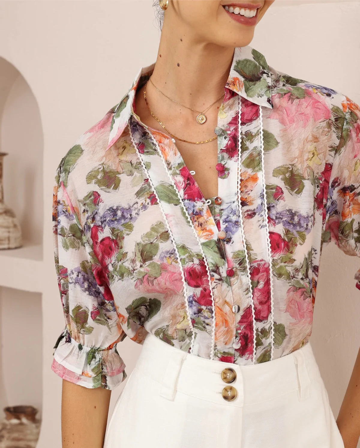 Iris Maxi Maya Blouse Top with Collar Half Sleeve Buttoned - Rosa - Image 2