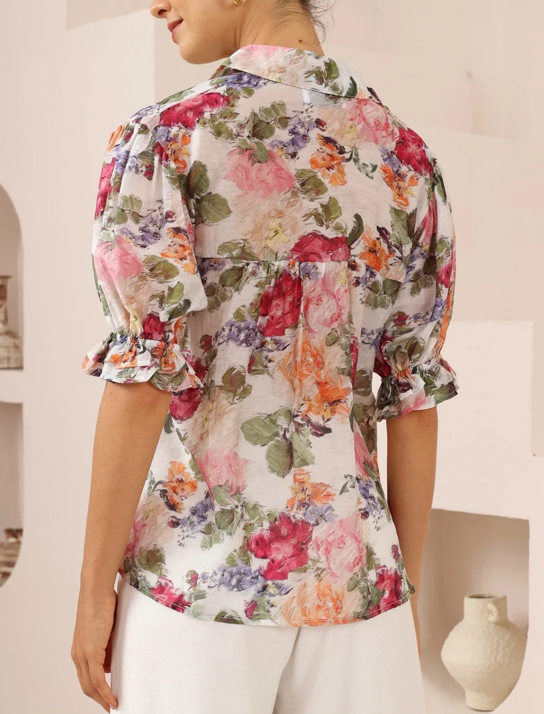 Iris Maxi Maya Blouse Top with Collar Half Sleeve Buttoned - Rosa - Image 3