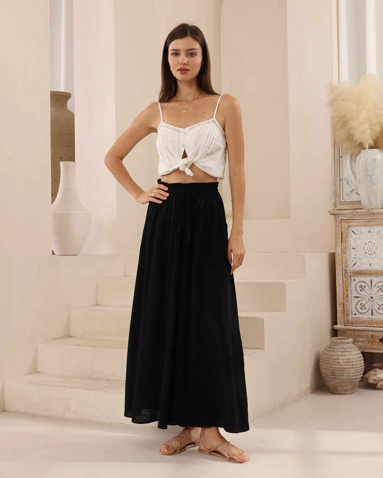 Iris Maxi Palazzo Pants Drawstring Waist Wide Leg - Black - Image 4