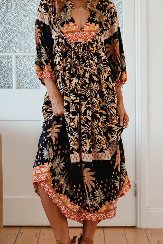 Jaase Boheme Midi Dress with Billowy Sleeve V-Neck Pockets - Jardin - Image 6