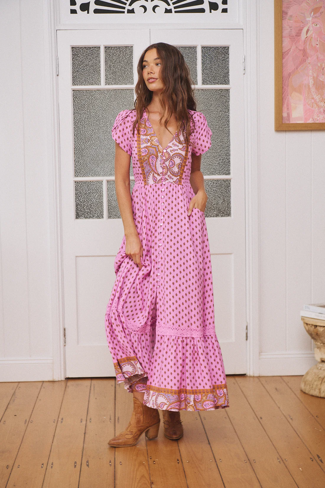 Jaase Carmen Maxi Dress with Cap Shell Sleeve V Neck Pockets Buttoned - Venus - Image 13