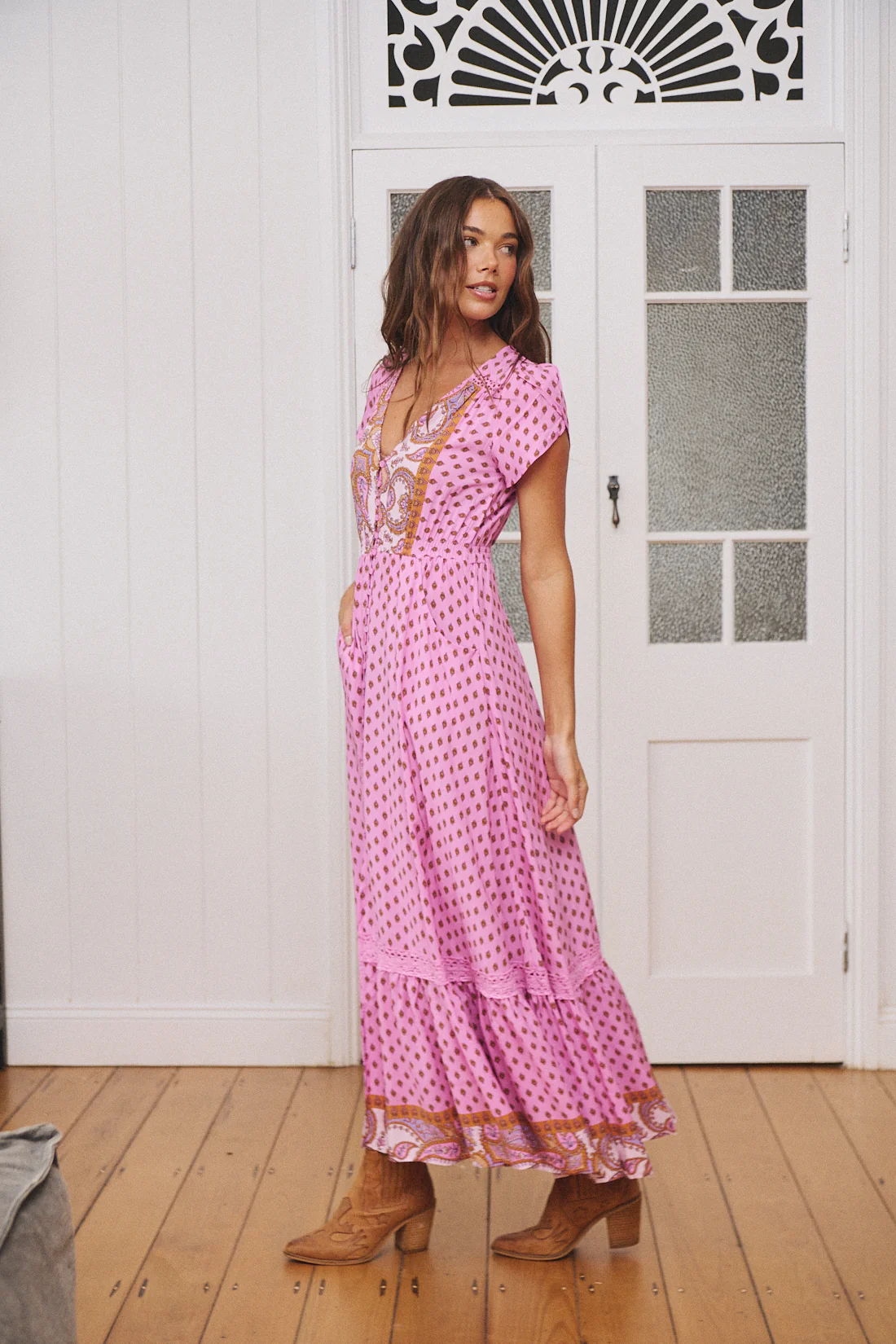 Jaase Carmen Maxi Dress with Cap Shell Sleeve V Neck Pockets Buttoned - Venus - Image 17
