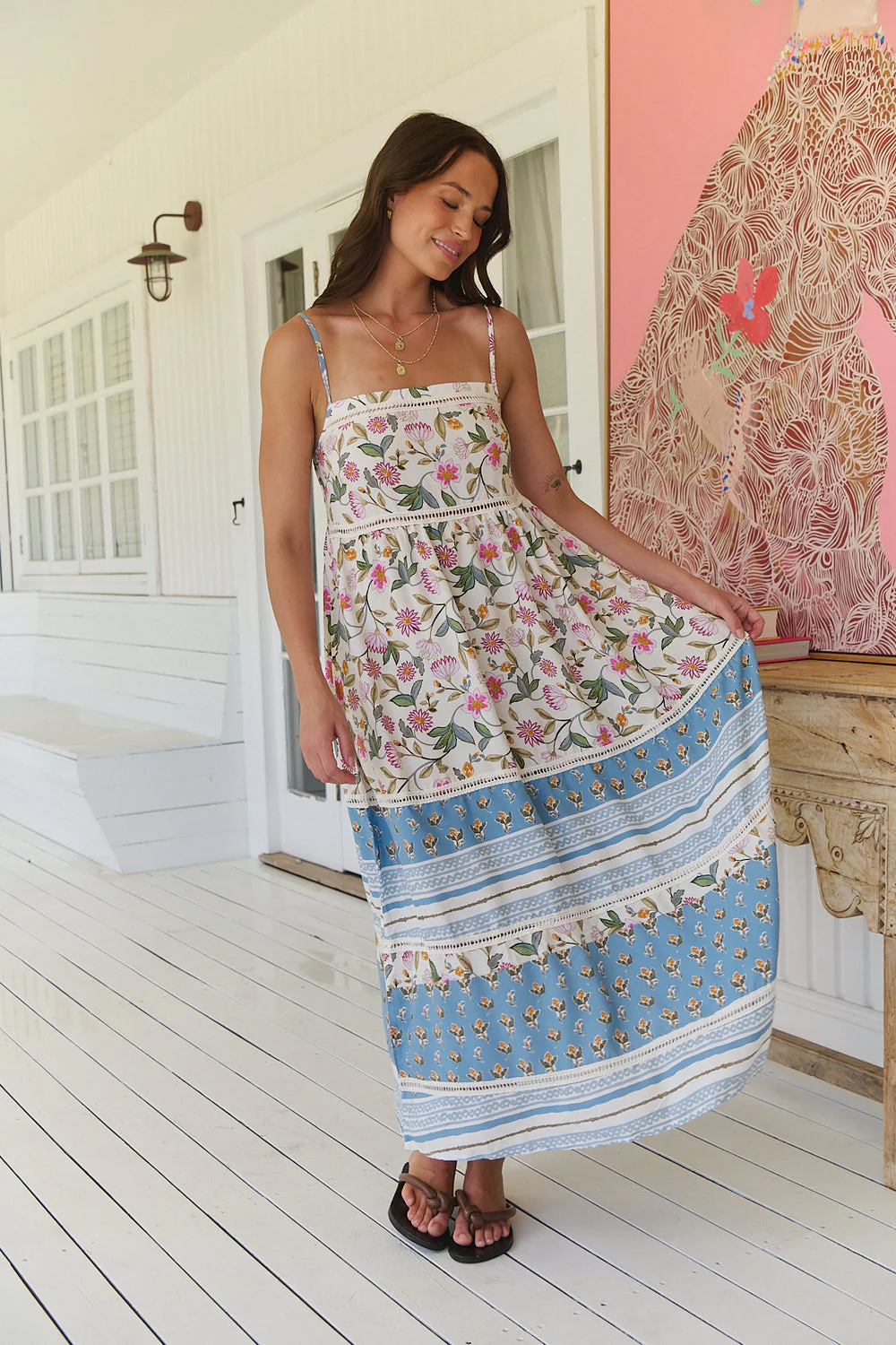 Jaase Heidi Midi Dress with Square Neck Shirred Back Adjustable Straps - Pixie Petals