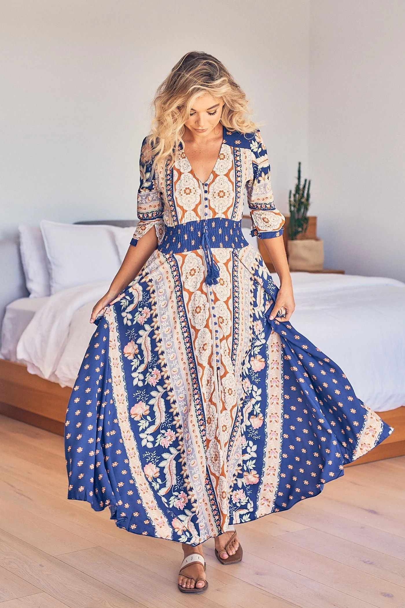 Jaase Indiana Maxi Dress with V Neck Buttoned Shirred Waist - Asha