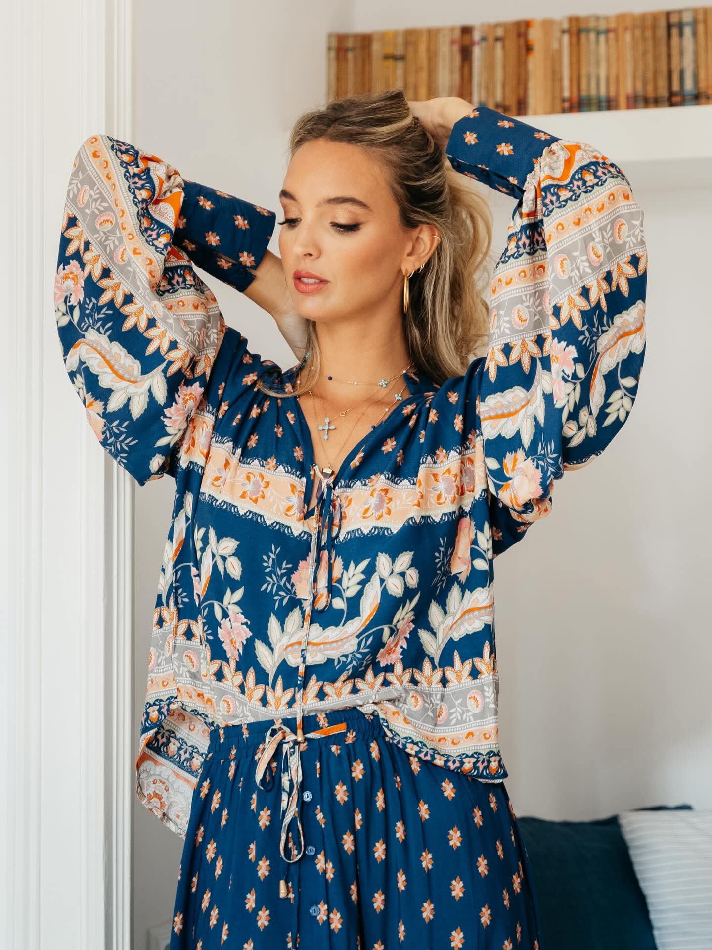 Jaase Marfa Blouse Top with Tie Front Long Cuff Sleeve - Asha