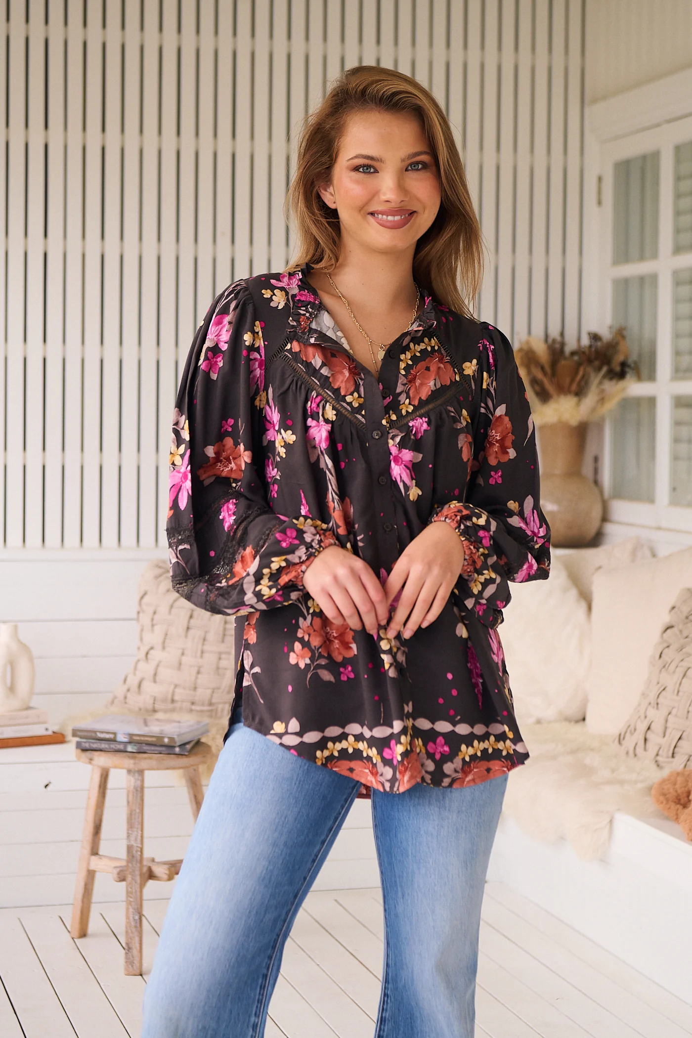 Jaase Eliza Blouse with V-Neck Lace Buttons Balloon Sleeve - Monarch Bloom - Image 3