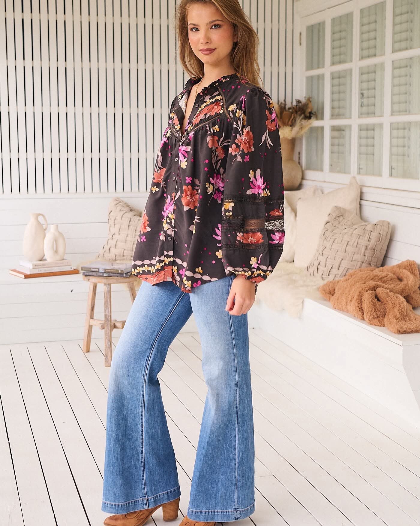 Jaase Eliza Blouse with V-Neck Lace Buttons Balloon Sleeve - Monarch Bloom - Image 5