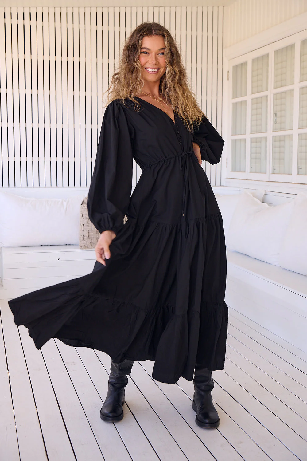 Jaase Teresa Cotton Maxi Dress with Long Sleeve Drawstring Waist - Black Onyx - Image 2